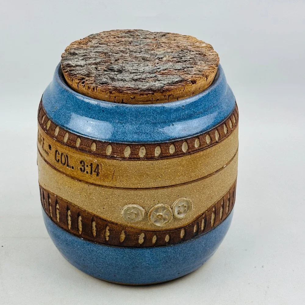 Down to Earth Pottery Jar Cork Lid Blue Let Love Guide Your Life Colossians 3:14